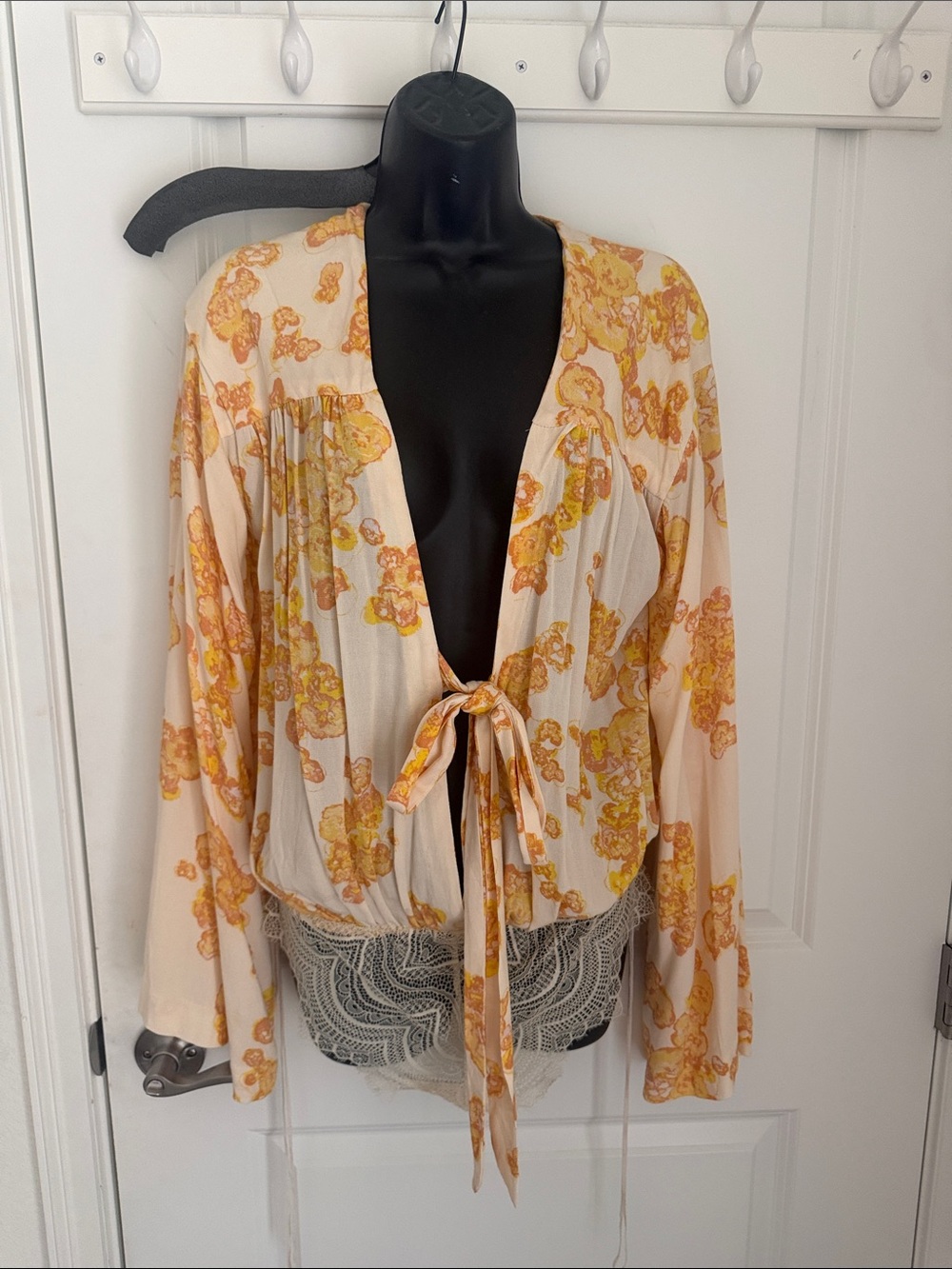 Free People Floral Tie-Front Top in Cream and Mustard